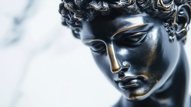 A statue of a man with curly hair. photo