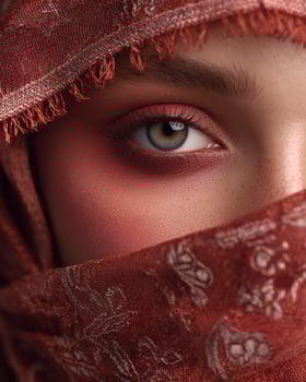 Blush gradient in crimson to ruby on glowing cheek, Arabian beauty with half face veiled, detailed fabric and dreamy white soft background photo