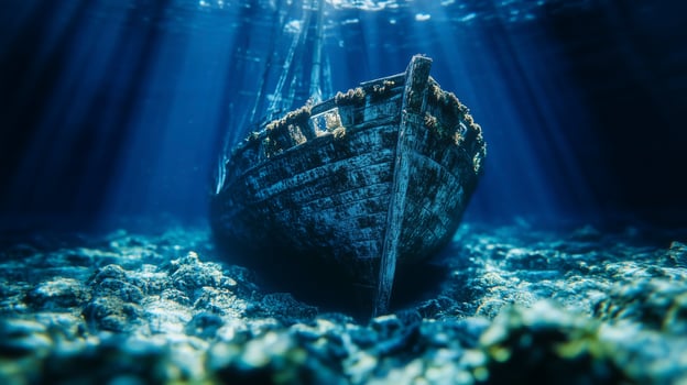 photorealistic 3D illustration of a sunken sailing ship photo