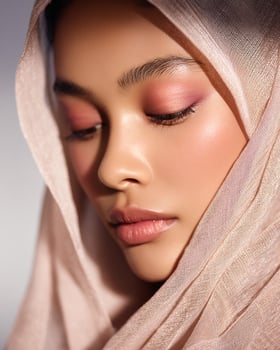 Glowing cheek close up with gradient blush in desert crimson, amber, and lavender tones, face partially veiled in silk, soft white background elegance photo