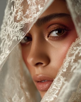 Middle Eastern cheek close up with ombre blush in pomegranate, soft gold, orchid, and spice orange, dreamy veil and white blurry background photo