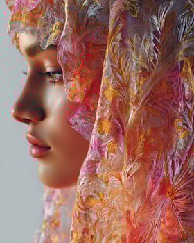 Ombre blush makeup in vibrant tones of orange blossom, hot pink, lilac, and sandy beige, Arabian elegance with intricate veil and soft white background photo