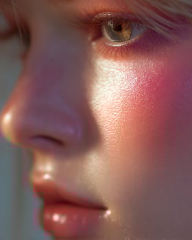Radiant anime cheek portrait with ombre gradient of coral, lilac, dusty rose, and honey gold on glossy skin texture, dreamy aesthetic on white blurry backdrop photo