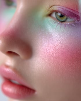 Detailed anime inspired makeup with pastel ombre blush on cheek in sky blue, creamy yellow, pale rose, and pink hues, shiny skin and soft glow on minimal white background photo