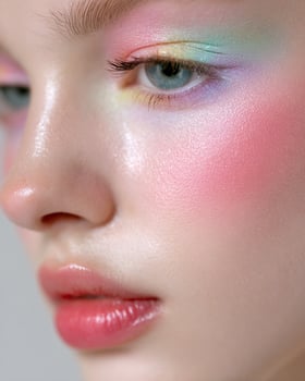 Vibrant kawaii anime cheek detail featuring pastel ombre blush in pink, mint, lemon, and lilac tones, radiant porcelain like skin and dreamy white blurry background photo