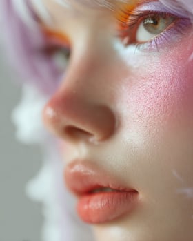 Whimsical pastel anime makeup close up with gradient ombre blush of soft blue, lavender, warm pink, and golden tones, glowing cheek on dreamy clean white background photo