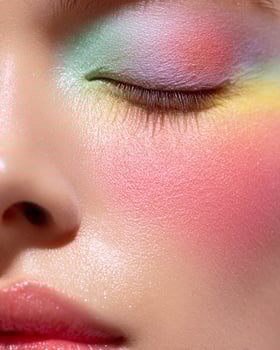Sweet kawaii anime cheek with strawberry pink, mint green, lilac, and lemon ombre blush, porcelain skin texture and vibrant soft focus glow on blurred white backdrop photo