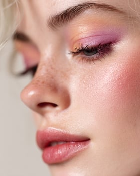 Soft anime inspired blush look featuring ombre blend of pastel violet, coral, orange, and pink with glossy finish on cheek and white dreamy background glow photo