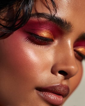 Indian woman cheek in luminous ombre blush gradient, ruby red, gold shimmer, deep rose, burnt orange, with soft lighting and white blurry background photo