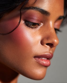 Indian beauty portrait showing cheek with bold ombre blush shades, plum, rosewood, golden apricot, terracotta, radiant finish with soft focus aesthetic photo