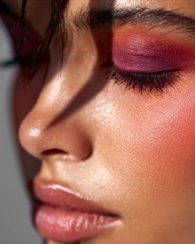 Radiant Indian cheek makeup featuring ombre blush blend of wine red, peach, saffron, and coral pink on smooth skin with detailed glowing texture photo