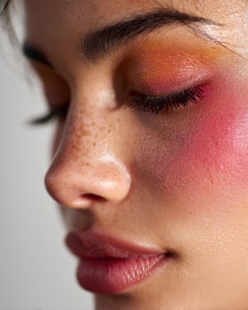 Radiant Indian cheek close up with ombre blush in fuchsia, orange, clay red, and champagne hues, bold makeup gradient with soft skin lighting photo