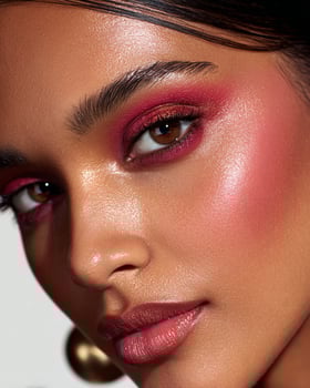 High end cosmetic ad style cheek close up featuring ombre blush in cherry red, bronze, amber, and hot pink tones on flawless Indian skin under soft white lighting photo