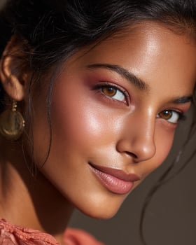 Elegant close up of golden brown Indian skin with ombre blush gradient, orange zest, ruby, soft mauve, and rose gold, highlighted in studio blur setting photo