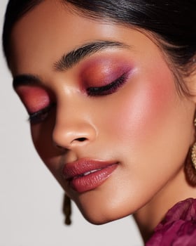 Indian model cheek with radiant ombre blush gradient of mulberry, maroon, tangerine, and rose pink, high end soft beauty look on clean blurred white backdrop photo