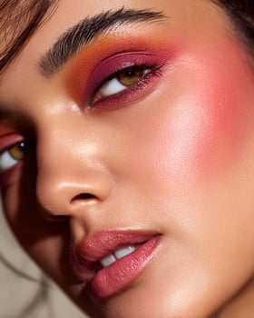 Hyperrealistic cheek detail with strong ombre blush tones, maroon, rose pink, tangerine, mulberry, on Indian skin, velvety surface, white blurry setting photo