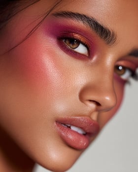 Elegant ombre blush on Indian skin with layered magenta, bronze, crimson, and copper tones, luminous smooth texture, captured in white blurry minimalist frame photo