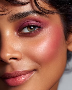 Artistic ombre blush blend on Indian skin combining magenta, copper, crimson, and bronze shades with smooth cheek texture and warm light effect photo