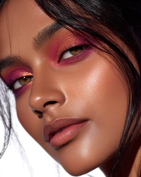 Soft gradient ombre blush on Indian model with hues of copper, crimson, and magenta, flawless cheek texture and elegant white blurry background for beauty use photo