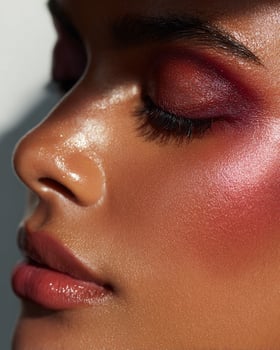 Beauty close up of Indian skin featuring multi toned ombre blush in sienna, berry, gold, and deep pink hues with elegant glowing texture photo