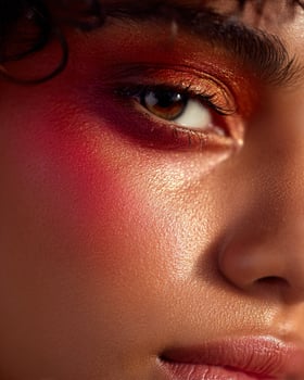 Close up of Indian woman cheek with bold ombre blush in ruby red, burnt orange, deep rose, and gold shimmer tones on rich skin tone with glowing beauty photo