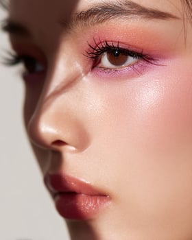 Close up beauty portrait of Korean model cheek featuring ombre blush blend in lilac, coral orange, and soft pink hues photo