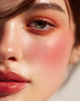 Radiant cheek makeup close up in Korean style with blush in strawberry, coral orange, and soft bronze gradient tones photo
