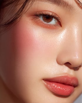 Korean style cheek close up with soft glam blush gradient from strawberry pink to coral orange and muted bronze on glossy skin photo
