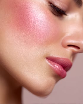 Elegant cheek makeup close up with ombre blush in champagne pink, cool peach, and baby rose on luminous Korean skin photo