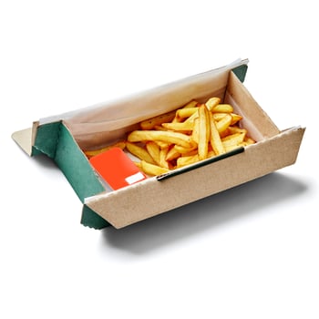 French fries with ketchup in cardboard box on white background photo