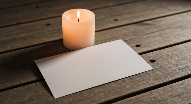 Warm candlelight illuminating a blank sheet of paper on rustic wooden surface photo