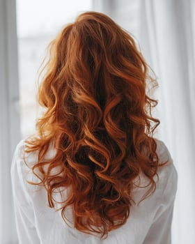 Long curly ombre hairstyle seen from the back blending mocha brown at the top through deep auburn and finishing in bold fiery copper photo