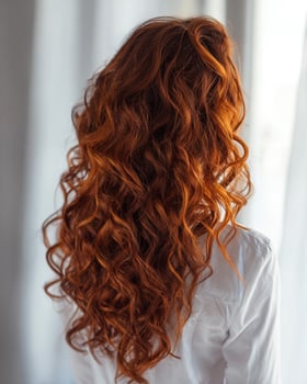 Elegant curly hair viewed from behind with gradient tones shifting from mocha brown to auburn red and glowing copper tips photo