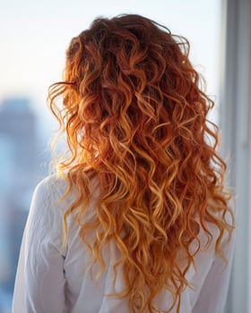 Dynamic back view of long curly hair with vivid color shift from fire red to glowing orange neon and ending in soft sunshine yellow tips photo