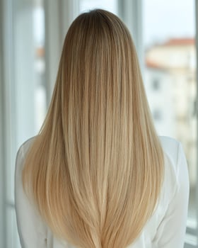 Smooth and refined straight hairstyle seen from behind with color fading from ash blonde at the crown into soft pastel green tips photo
