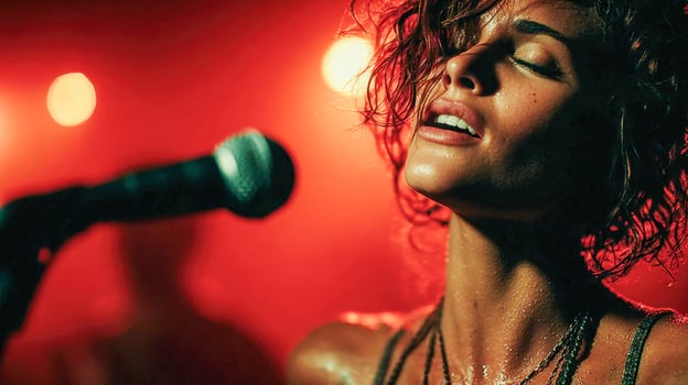 Passionate female singer performing on stage with dramatic lighting and emotional expression photo