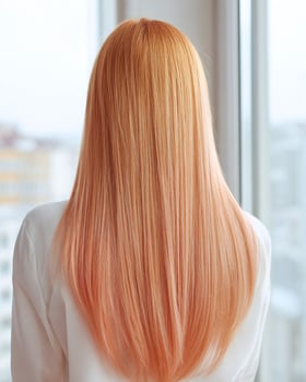 Long straight hairstyle seen from the back featuring soft ombre transition from icy platinum blonde to coral pink and finishing in warm apricot orange photo