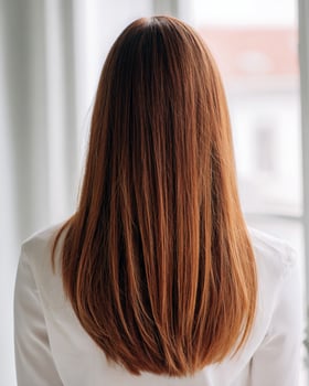 View from behind of ombre straight hair showing color transition from deep brunette to romantic dusty rose and soft peach gradient tips photo