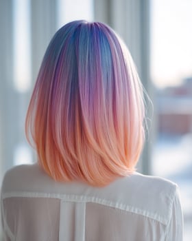 Back view of colorful curly hair with dramatic ombre gradient transitioning from indigo blue roots through magenta midsection to peach pink ends photo