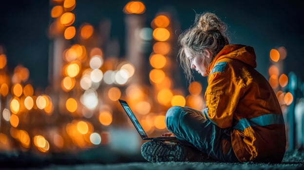 Child with laptop near industrial lights photo