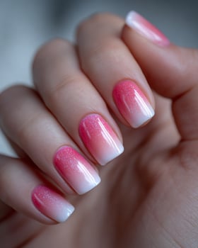 Close up of hand with shiny ombre nails in cute watermelon gradient glossy pink to green color scheme soft blurry backdrop perfect for fun summer nail inspiration photo