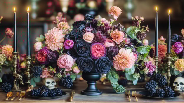 Elegant Floral Arrangement With Dark Hues and Gothic Elements for a Sophisticated Dinner Setting photo