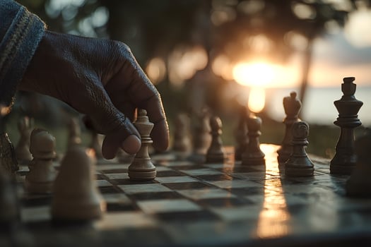 Senior man playing chess at sunset, making a strategic move photo