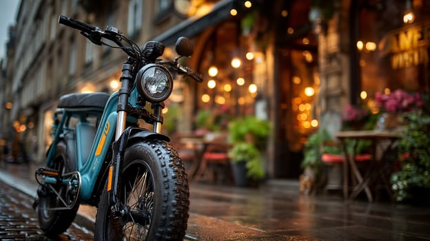 Glowing Charge Indicator on E-Moped Beside Lively Cafe with Soft Focus photo