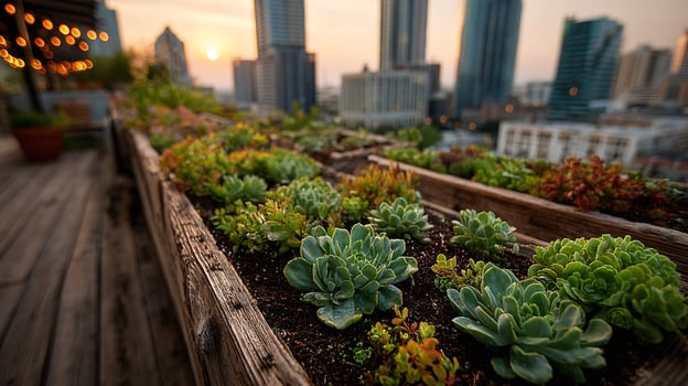 urban rooftop garden oasis with lush greenery and city skyline photo
