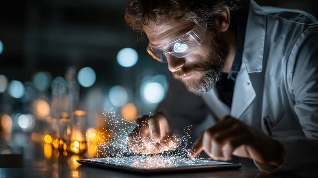 Male Researcher Analyzing CRISPR Workflow on Tablet with 3D Model Display photo