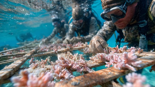 Dedicated Divers Planting Fragile Coral Fragments Beneath Clear Blue Waters photo