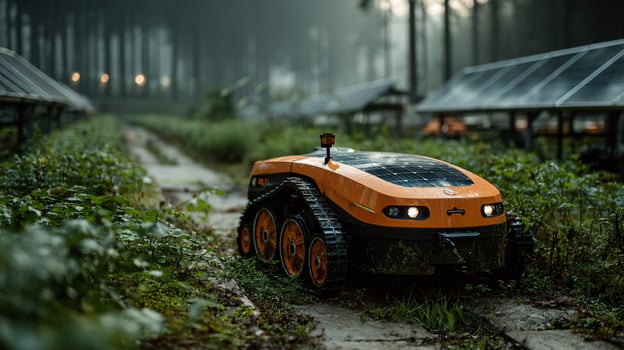 Dynamic Robotic Cleaner in Motion Across Solar Field Landscape photo