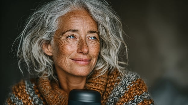 Woman with flowing white hair interacting with modern voice assistant technology photo
