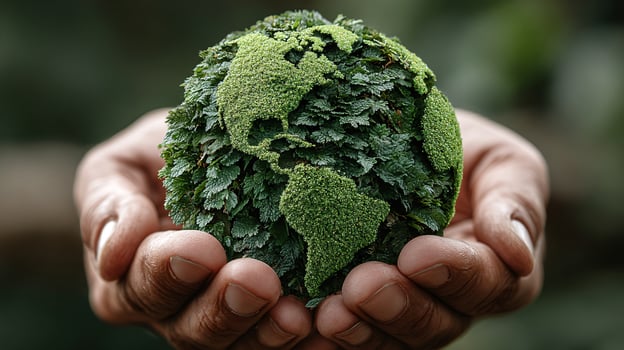 Hands Gently Holding a Leafy Globe Against a Soft Forest Background photo